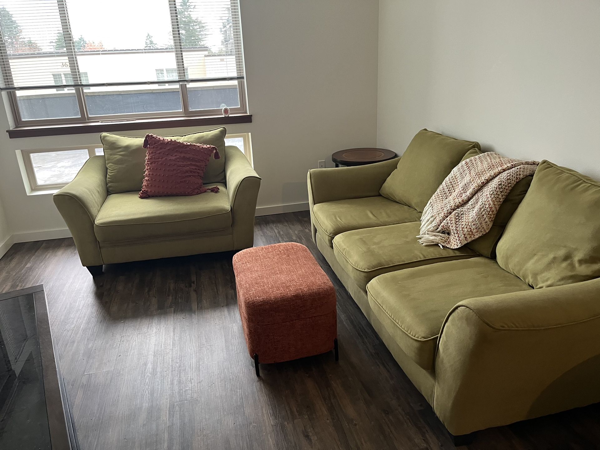 Green Couch, Love Seat, And Ottoman