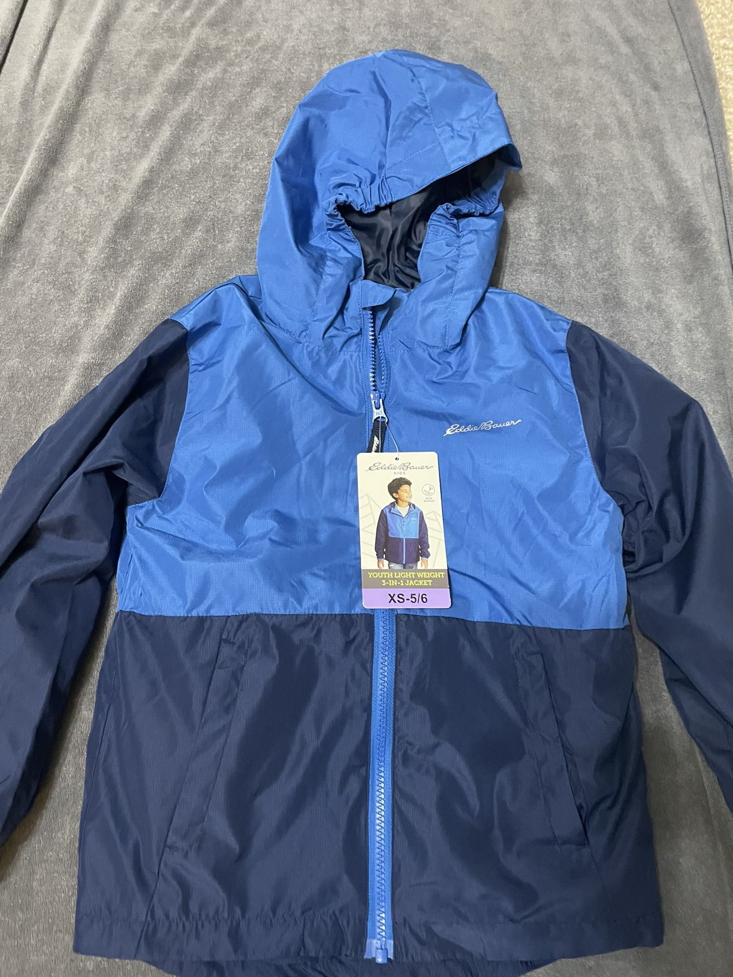 Eddie Bauer Boys' Youth 3-in-1 Jacket - Blue XS 5/6 - water resistant 