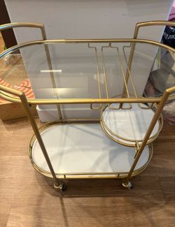 Gold Bar Cart with Glass Top and Marble Shelves