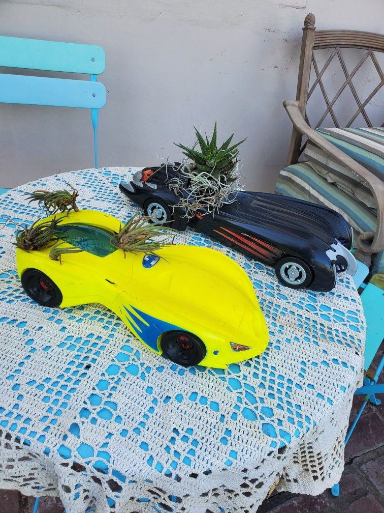 2 Black BATMAN CAR & Yellow Batmobile Car & Real Plant Caveman Decor FATHER'S DAY GIFT