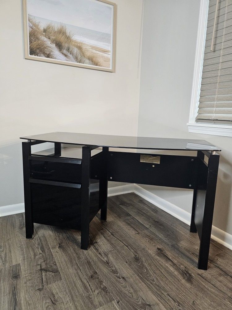 Modern Black Desk with Glass Top and Two Drawers – Metal Frame