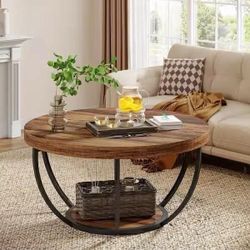 31.5 in. Rustic Brown Round Wood Coffee Accent Center Table with Storage Shelf.