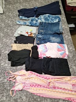Size 7 shorts. Size 6 shorts. Pj 6/6x.  Jumper tye dye shorts 6x7.  Blue dress Size 6. Pink dress w hair tie  size 64 top long sleeve size 6/6x. 3 leg