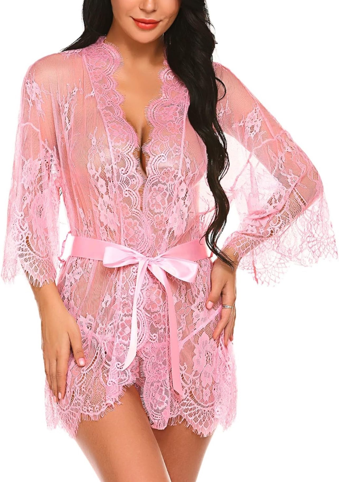 Lace Kimono Robe Babydoll Lingerie Mesh Nightgown