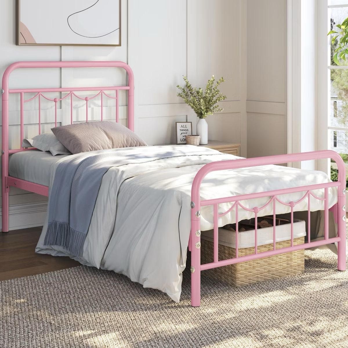 Metal Platform Bed Frame with Vintage Headboard and Footboard
