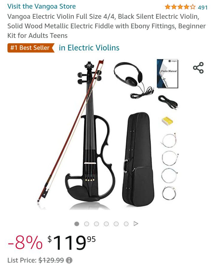 New Vangoa Full Size Electric Violin Fiddle With Tuner, Two Sets Of Strings, Bow, Etc 