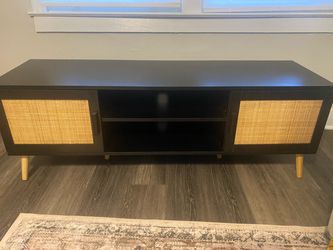 Black TV Stand with Rattan Cabinet Doors
