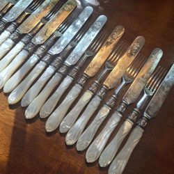 Mother Of Pearl & Silverplate Knives & Forks 24 Pcs 1800's