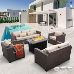 NEW🔥Outdoor Patio Furniture Set Brown Wicker Beige Cushions 43" Firepit ASSEMBLED