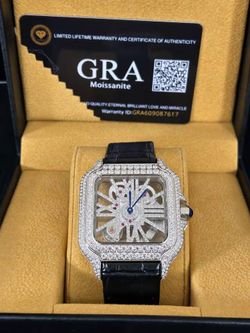 Black Leather Moissanite Watch, Iced Out, Rectangular 40 x 47.8mm Case, Swiss Quartz