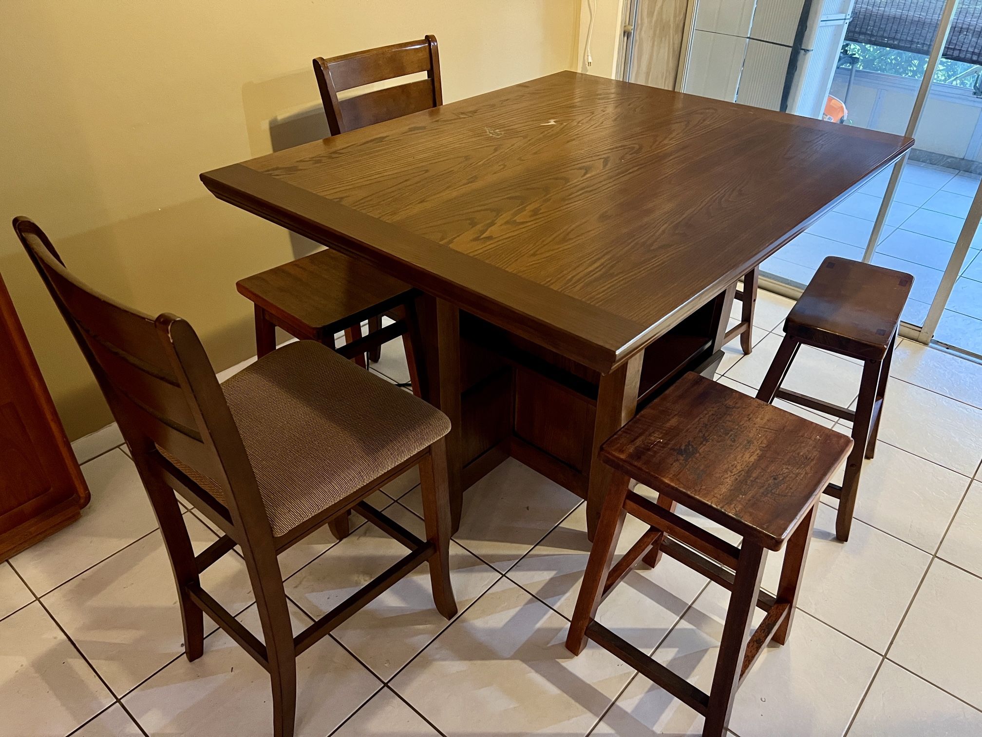 Hardwood Hightop Dining Table with built in Wine Racks and Storage with Chairs