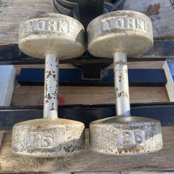 Pair Of Vintage Steel York 25 Lb Dumbbells
