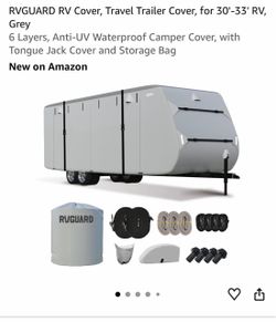RVGUARD RV Cover, Travel Trailer Cover, for 30'-33' RV, Grey 6 Layers, Anti-UV Waterproof Camper Cover, with Tongue Jack Cover and Storage Bag