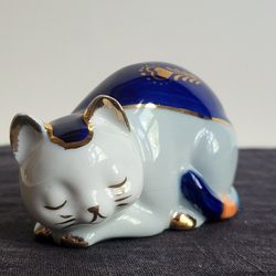 Porcelain Sleeping Cat Figurine Cobalt Blue & Gold Accent