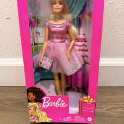 Barbie Happy Birthday Doll with Blonde Hair, Blue Eyes Pink Glitter Party Dress