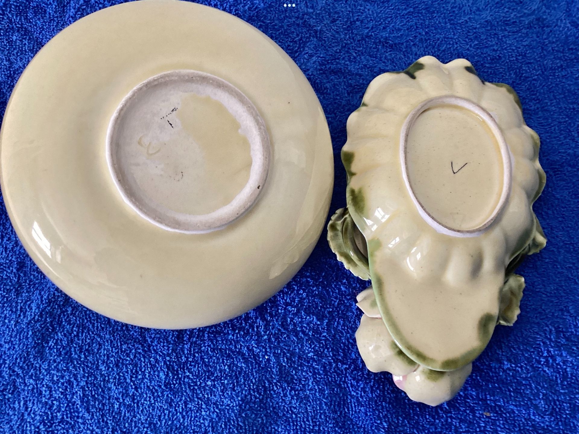 1940s Art Nouveau Style Porcelain Dish / Ashtray + Bowl Applied Magnolia Hand Painted Flowers