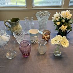 Vases, lot of 12, good to excellent condition, 5”-10”, glass, ceramic, terracotta.