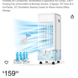 Portable Air Conditioner, Windowless Evaporative Air Cooler, 3-IN-1 Cooling Fan w/Humidifier & Remote Control, 3-Speed, 7H Timer & 4 Ice Packs, 70° Os