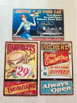Set of 3 Vintage Style Metal Diner Signs