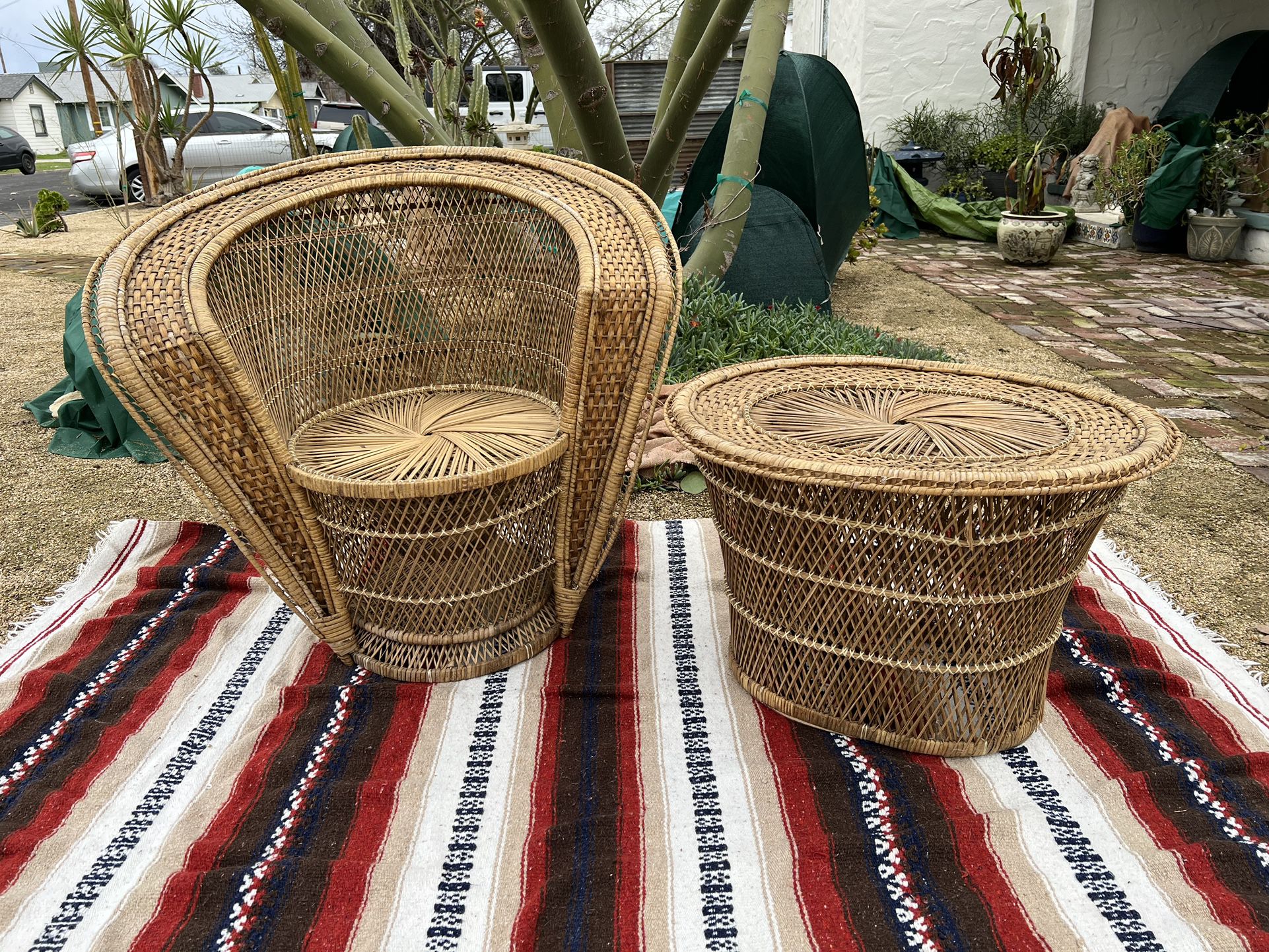 Vintage Rattan Cobra Style Peacock Chair + End Table 