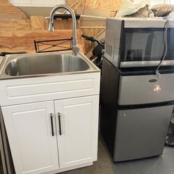 Kitchen Cabinet w/ faucet, Mini Fridge, Microwave, Cabinet Storage