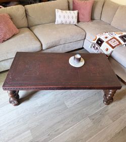 Vintage Hand-Tooled Leather Top Coffee Table Peru