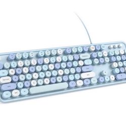 Brandnew Wired Computer Keyboard - Blue Colorful Retro Full Size Round Keycaps Plug and Play Typewriter Cute Keyboards for Windows, Laptop, PC, Deskto