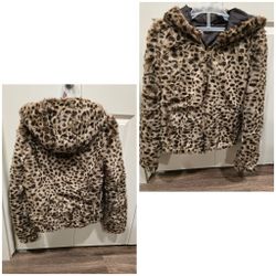 New Medium Faux Fur Cheetah Jacket Zipper Hoodie Coat