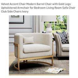 Velvet Accent Chair Modern Barrel Chair with Gold Legs Upholstered Armchair for Bedroom Living Room Sofa Chair Club Side Chairs Ivory