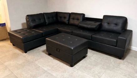 Leather Sectional Sofa with storage chaise and storage ottoman