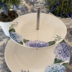 Lavender Blue White Hydrangeas Spring Tiered Dessert Stand