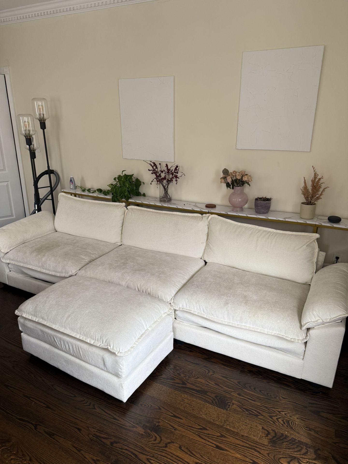 Spacious White Sectional Sofa + Ottoman