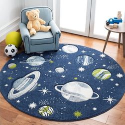 SAFAVIEH Carousel Kids Collection 6'7" Round Navy/Ivory Outer Space Non-Shedding Playroom/Nursery