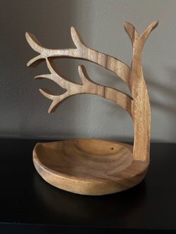 Hand Carved Wood Tree Jewelry Stand & Leaf Catch-All Tray Organizer
