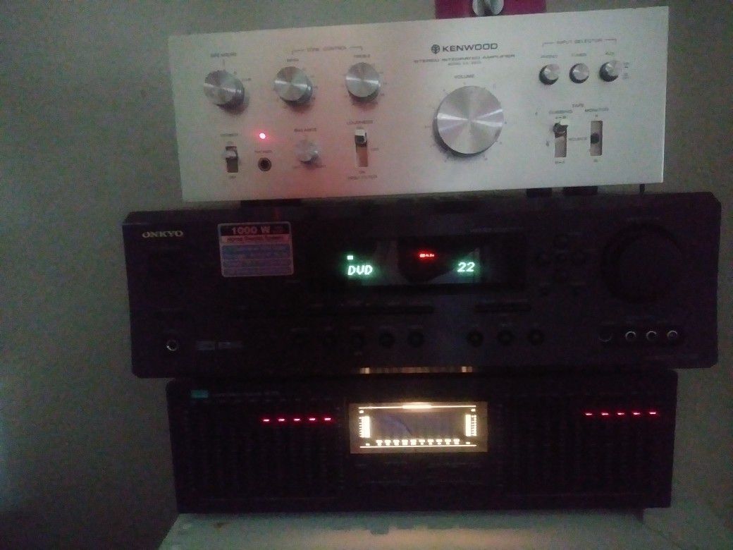 Onkyo receiver Kenwood stereo integrated amplifier and Sansui stereo graphic equalizer