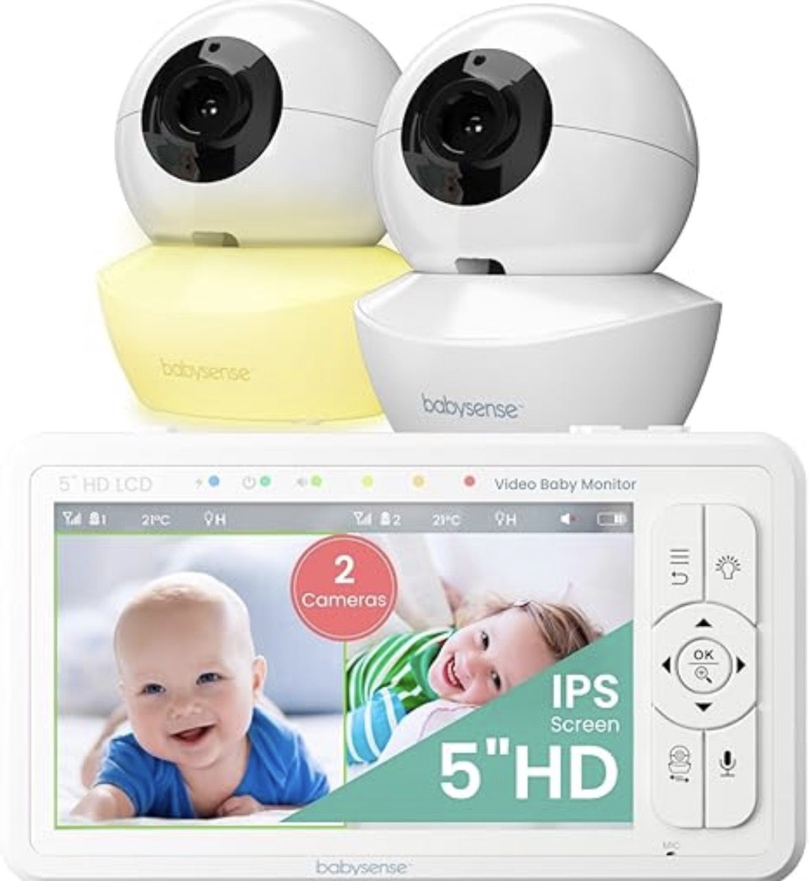 Babysense 5" HD Split-Screen Baby Monitor, Video Baby Monitor with 2 Cameras and Audio, Night Light, 1000ft Range, Two-Way Audio, 4X Zoom, Night Visio