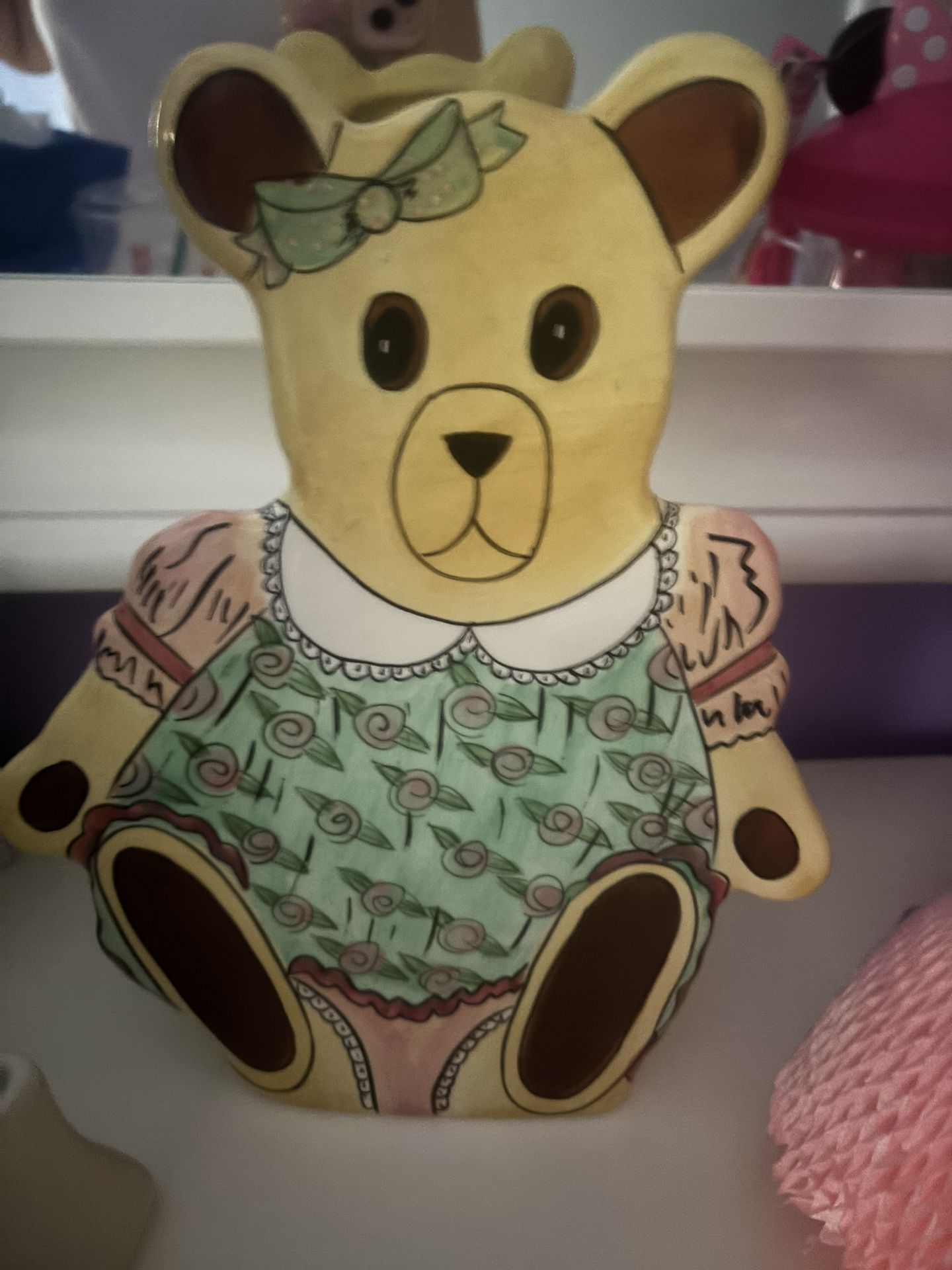 Little Girl Bear Baby Little Girl Room Ceramic Flower Vase 10” x 5.5”