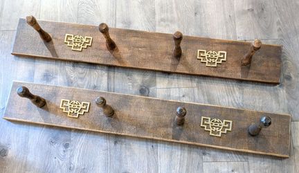LOT OF 2 RARE BRASS HAND MADE Wooden Wall Hanger COAT HOOK
