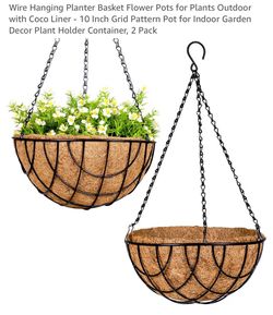 Wire Hanging Planter Basket Flower Pots for Plants Outdoor with Coco Liner - 10 Inch Grid Pattern Pot for Indoor Garden Decor Plant Holder Container, 