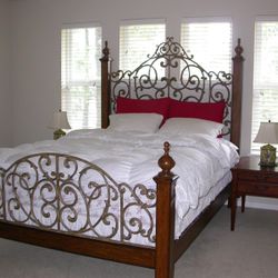 Ornate Queen Bed Frame - Solid Wood & Wrought Iron Scrollwork - Excellent Condition