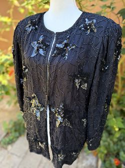 Swee Lo Women’s Black Silk Beaded Sequined Floral Open Front Lined Jacket Size L