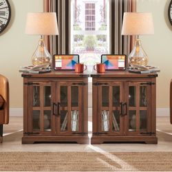 Farmhouse End Table with Charging Station,24" Large Side Table with Glass Barn Door,Walnut,2 pack