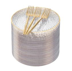 Rubtlamp 200 Pcs Clear Gold Dessert Plates 7" With Forks 7.6",Clear Plastic Hammered Platos, Dessert Plates Disposable, Heavy Duty Party Platos Includ