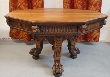 Antique 19th Century Victorian Renaissance Revival Center Table Baroque Wood Octagon Octagonal Carved Medieval Fantasy Fairy tale Dining Library Dinne