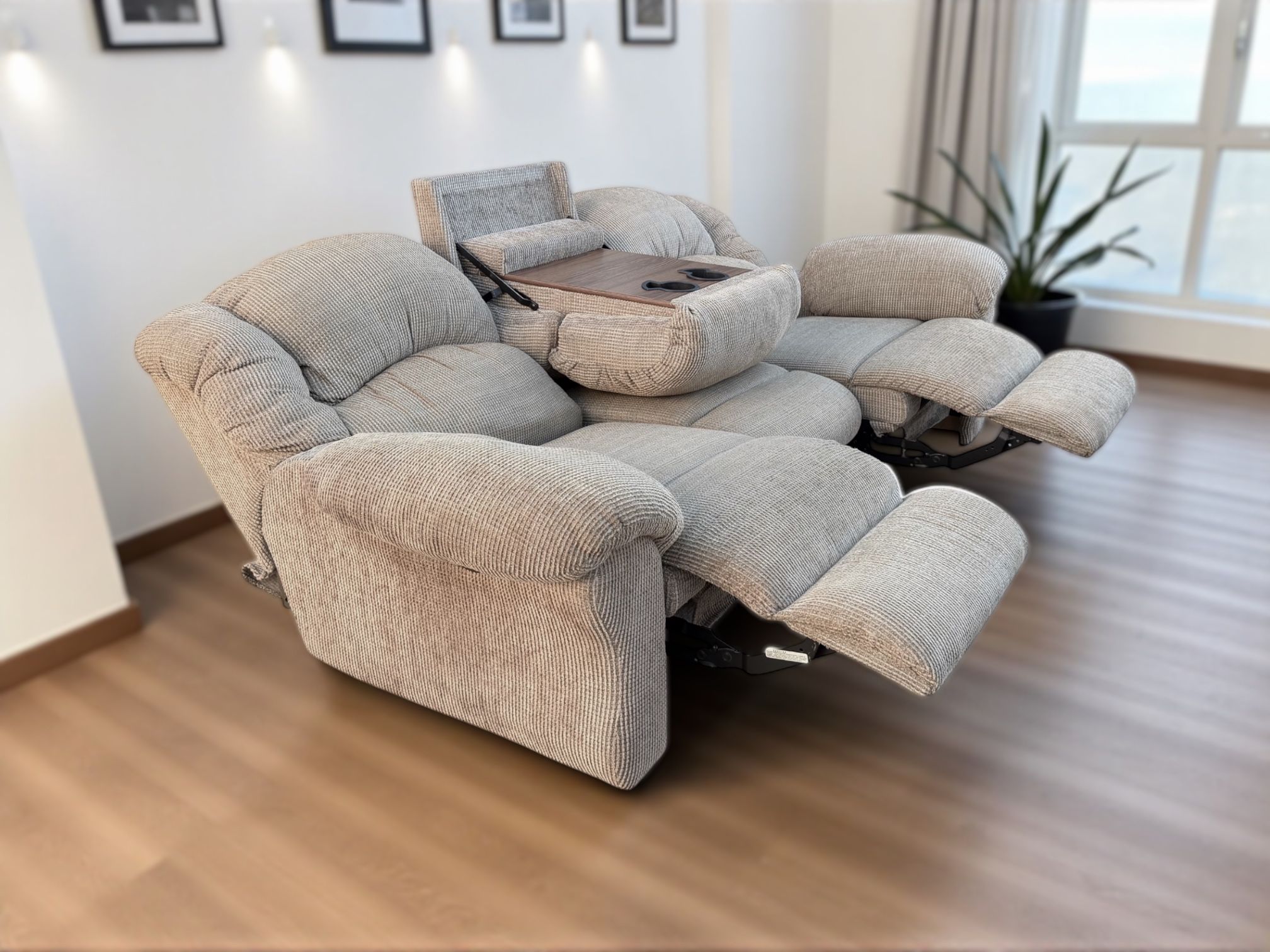 Franklin Corporation Beige 3-Seat Reclining Couch w/ Flip-Down Table