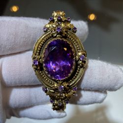 Vintage Estate Victorian Antique 14K Yellow Gold Oval Purple Amethyst Bangle Bracelet 