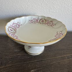 Limoges Porcelain Pedestal Serving Plate Bowl Footed Pink Gold Floral 6 1/2”