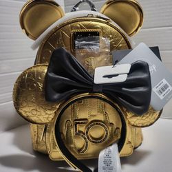 Loungefly Walt Disney 50th Leather With Gold Backpack And Headband Included Luxury NEW WITH TAGS 