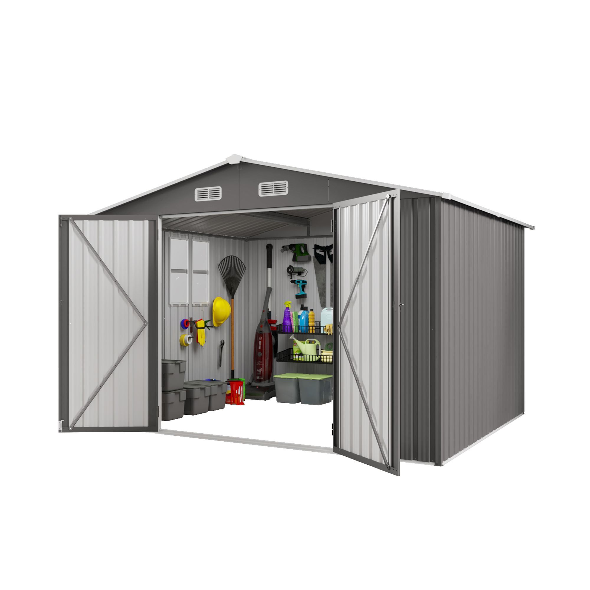 10 x 8 FT Outdoor Storage Shed, Large Metal Storage Shed, Lockable Door and Air Vent, Clear Window Garden Tool Shed for Bicycles, Tools, Lawnmowers, B