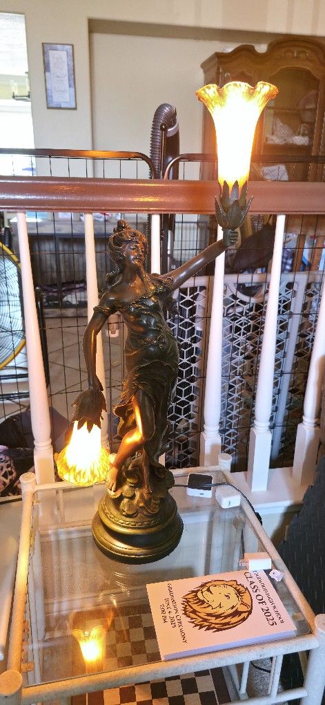 Vintage August Moreau Lamp Woman Girl Figural Art Nouveau Tulip Statue
